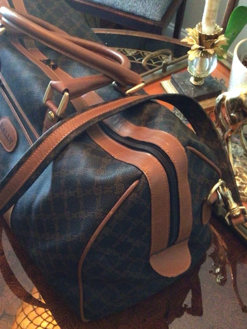 Bally Dark Brown Monogram Leather-Trim Duffel with lock & 2 keys